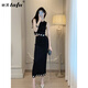 她芙（tafu）品牌女裝小香風(fēng)連衣裙女2025夏季新款針織馬甲開(kāi)叉半身裙兩件套 黑色 M
