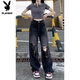 花花公子（PLAYBOY）黑色破洞牛仔褲男夏季薄款美式hiphop褲子潮牌痞帥炸街工裝乞丐褲 破洞黑色 M (適合)100-120斤