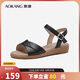 奧康（Aokang）女鞋坡跟一字帶涼鞋牛皮舒適日常休閑外穿媽媽鞋T666688810黑37碼