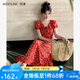 西遇連衣裙2024夏季新款法式復(fù)古溫柔碎花v領(lǐng)木耳邊泡泡袖收腰裙 紅色 L