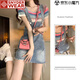 SNYDER WEAR2025夏季新款女多巴胺裙子小個(gè)子甜美減齡牛仔背帶裙兩件套裝女夏 【兩件套】背帶裙+上衣 S 建議90斤以?xún)?nèi)