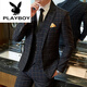 花花公子（PLAYBOY）春秋季格子西服套裝男韓版修身西裝青年休閑結(jié)婚禮服外套 灰色(西服+西褲+馬甲) +領(lǐng)帶 2XL