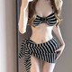 天丂比基尼女純欲性感分體泳衣法式帶裹裙三件套沙灘度假泡溫泉泳裝 黑白條比基尼+黑白條系裙 S （85-100斤）