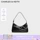 CHARLES&KEITH柔軟拉鏈式褶皺單肩包腋下包包女包女士生日七夕禮物CK2-40782472 Noir黑色 S