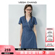 VEGA CHANG牛仔連衣裙女2025新款夏季小個子V領(lǐng)蕾絲花邊顯瘦度假風(fēng)收腰短裙 海灣藍(短款) XL