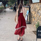 簡(jiǎn)豐姿吊帶連衣裙女紅色裙子夏季2025新款顯瘦度假風(fēng)海邊沙灘裙蕾絲長(cháng)裙 流蘇拼接吊帶連衣裙【紅色】 均碼