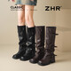 ZHR辣妹褲管靴增高皮帶扣西部騎士長(cháng)筒靴女粗跟堆堆靴 JF373A黑色37