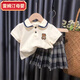 雷姆汀夏季新款中小童洋氣套裝學(xué)院風(fēng)polo領(lǐng)女童韓版網(wǎng)紅夏裝裙子女寶 小熊格子裙套裝 90