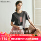 Olrain歐芮兒法式深灰色短袖T恤女夏季2025新款寬松刺繡圓領(lǐng)上衣 深灰色 L