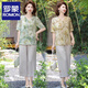 羅蒙（ROMON）媽媽夏裝短袖T恤中年女裝洋氣上衣服中老年夏季氣質(zhì)中式雪紡套裝 綠色 3XL (推薦120-130斤)