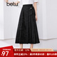 百圖betu女裝夏新款半身裙國風提花流蘇裝飾褶皺半身裙女2404X09 黑色 M