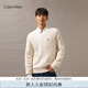 Calvin KleinJeans秋冬男女情侶休閑通勤ck刺繡V領絞花純棉針織衫J326795 YBI-牛乳白 L