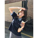 LDBE學(xué)院風(fēng)polo領(lǐng)短袖t恤女夏季正肩拼接格子設計感小眾修身顯瘦上衣 藏青色 S 【80-95斤】