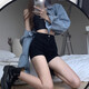 多菲尼森高腰黑色牛仔褲女含棉港風夏季顯瘦熱褲緊身辣妹超短褲ins褲子 高腰黑色短褲M碼