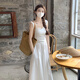 LIZONGXI白色吊帶連衣裙子女夏季法式茶歇高級感初戀抽繩收腰顯瘦度假長裙 白色 S 【101-110斤】