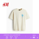 H&M【史努比】男裝女裝T恤秋季印花圓領(lǐng)寬松落肩情侶裝短袖0972640 淺米色/史努比 175/108
