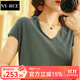 NY-RCE新款棉麻純色T恤女v領(lǐng)短袖寬松顯瘦休閑短袖針織衫上衣女裝夏 青石綠 L .