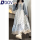 DGOV夏季溫柔風(fēng)甜美蕾絲花邊拼接碎花連衣裙女學(xué)生小清新長(cháng)裙子兩件套 藍蕾絲碎花裙+外搭【兩件】  S 建議80-95斤
