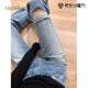 OLDER SEA復(fù)古破洞微喇牛仔褲女夏季薄款梨形身材大碼顯瘦小個子毛邊喇叭褲 藍色-長褲 XS 建議75-82斤