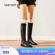 NINE WEST/玖熙長(zhǎng)筒靴牛皮圓頭低跟高筒騎士靴女皮靴NG486019CE  黑色 36