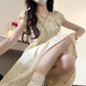 素織錦碎花連衣裙女長裙夏季法式小個子海邊度假沙灘裙氣質米白色小裙子 法式碎花連衣裙【米白色】 L 【推薦體重110-130斤】