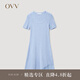 OVV2023春夏新款女裝彈力修身A型傘裝不對稱短袖U領針織裙 藍灰鑲拼09 M