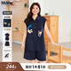 MsShe【原創(chuàng)刺繡襯衫套裝】大碼女裝2025款秋裝胖mm上衣闊腿短褲 藏青藍色現(xiàn)貨 2XL