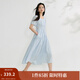 茵曼簡(jiǎn)約方領(lǐng)分割收褶連衣裙2025夏季女裝新款浪漫泡泡袖中長(cháng)裙子 淺藍色 M
