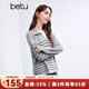 百圖betu女裝冬季新款毛衣復古感燈籠袖色織條紋寬松毛衫2411T42 灰色 L