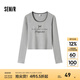 森馬（Semir）【甜心女高】長袖t恤女短款緊身蕾絲花邊上衣24新款甜美印花外穿 淺花灰00202 170/92A/XL