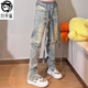 狄帝鯊 美式街頭FOG褲腳拉鏈修身長(zhǎng)褲復(fù)古高街vibe膝蓋破洞飄帶牛仔褲男 痞迪-9039 XL