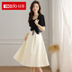紅豆高級感法式拼接連衣裙女夏2025新款別致設計感赫本風(fēng)裙子收腰顯瘦