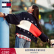 TOMMY JEANS【寬松燈籠袖】25秋冬新款女學(xué)院風(fēng)純棉撞色V領(lǐng)針織開(kāi)衫外套 藏青白紅拼色C1G S   （推薦：100-115斤）