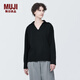 無印良品（MUJI）女式 水洗米蘭諾羅紋針織 開領POLO衫毛衣長袖針織衫 黑色 S(155/80A)