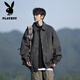 花花公子美式復古夾克男秋冬季感大碼寬松痞帥高街PU皮衣男外套棉服男 黑色 春秋夾克 2XL 建議125-150斤