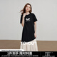 初語(yǔ)休閑寬松撞色拼接設計蝴蝶結印花T恤裙女2025夏季新款連衣裙 黑色 L