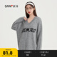三福毛衣2024冬季字母繡花V領(lǐng)寬松長(zhǎng)款休閑上衣女裝492508 淺花灰 S
