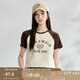 茵曼（INMAN）甜酷風(fēng)撞色插肩袖短款T恤女夏季美式復(fù)古印花短袖上衣 淺杏色 S