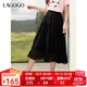 LAGOGO壓褶肌理感半身裙女拉谷谷2025春夏新款松緊高腰氣質(zhì)黑裙子 黑色 L