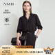 AMII2025夏新款通勤翻領V領拼蕾絲涼感雪紡衫女五分袖寬松12522076 黑色 L