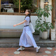 FSHE鹽系豎條紋連衣裙女2025夏季新款法式氣質(zhì)顯瘦釣系約會裙 奶藍色長款 無腰帶 L