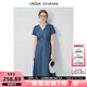 VEGA CHANG牛仔連衣裙女2025新款夏季小個(gè)子V領(lǐng)蕾絲花邊收腰短裙 海灣藍(長(cháng)款) L