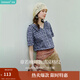 茵曼復古花邊V領(lǐng)格子襯衫2025夏季女裝新款度假風(fēng)短袖襯衣 藏青藍 63.1%棉 36.9%聚酯纖維 M