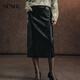 束皙SUSHE 光縛 復古摩登 環(huán)保PU皮高腰后開(kāi)叉百搭直筒半身皮裙女