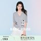 Basic House/百家好夏季新款減齡貓咪印花針織開衫V領短袖女上衣 亞麻灰 XL 130-145斤