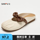 三福拖鞋夏季韓系少女撞色蝴蝶結(jié)褶皺圓頭薄底單鞋女鞋841655 米色 38