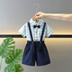 紛資言男童夏季兒童小童寶寶衣服紳士襯衫短袖套裝禮服背帶褲帥氣夏裝潮 休閑藍(lán)格套裝 80 建議身高75cm以內(nèi)
