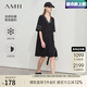 AMII七夕禮物2025夏拼蕾絲V領(lǐng)寬松連衣裙女字母數(shù)字印花中袖直筒裙子 黑色 均碼