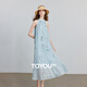 初語(yǔ)植物繡花連衣裙女2025夏季新款田園度假風(fēng)法式掛脖長(cháng)裙 淺藍色 L