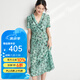 帕羅（PALUOPO）25夏季新款真絲短袖連衣裙女赫本風(fēng)碎花裙中長裙顯瘦休閑裙子 綠格 L (165/88A)